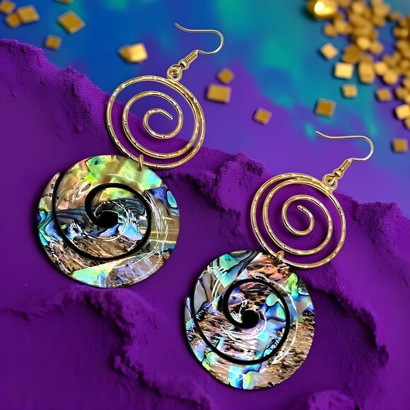 🆕️14K Gold Plated Spiral Abalone Shell Earrings | Lightweight Statement Dangles - Picture 1 of 9